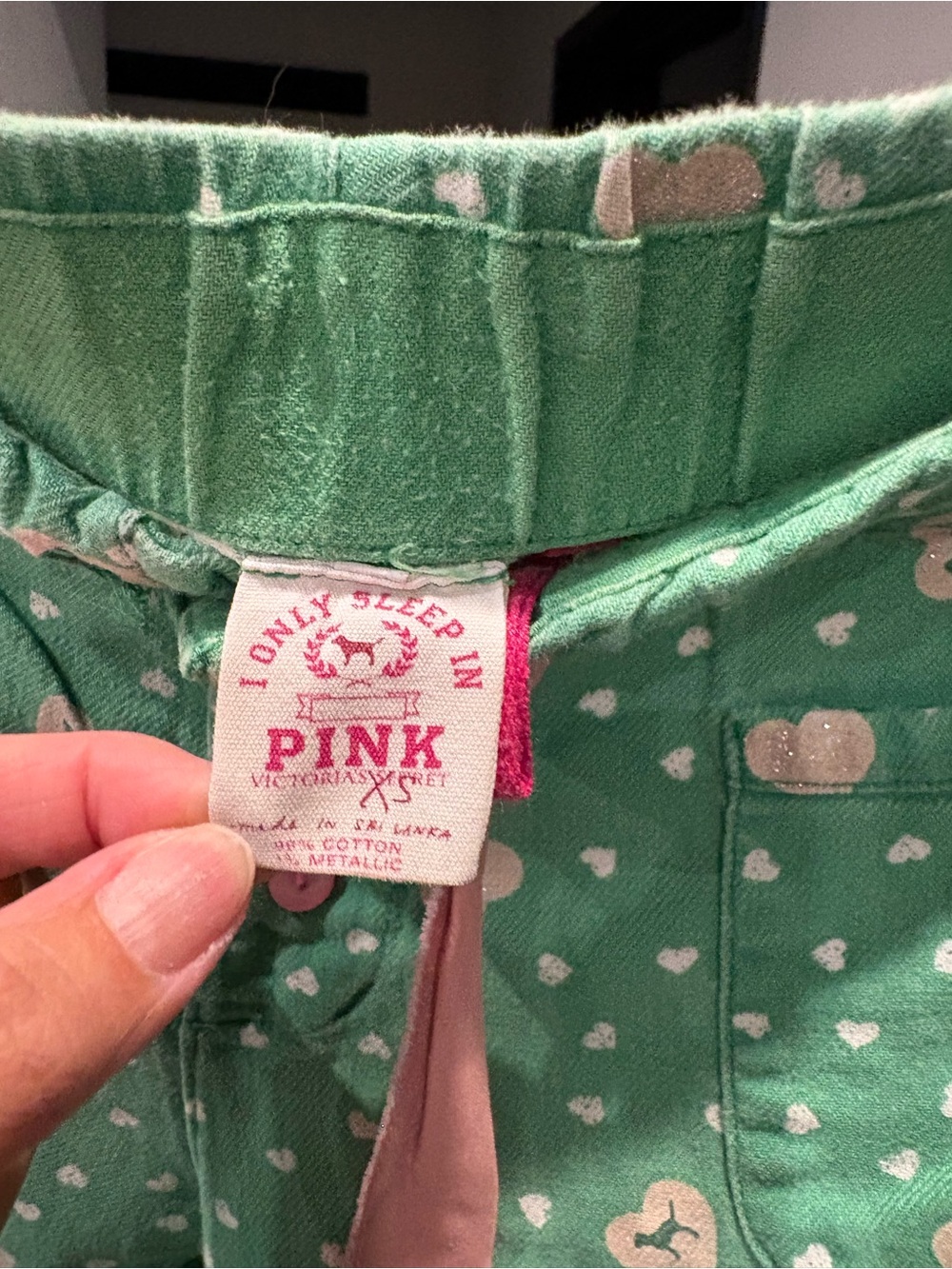 Y2K PINK Victoria's Secret Green Heart-Print Pajama Pants with Pink Logo - Picture 5 of 5
